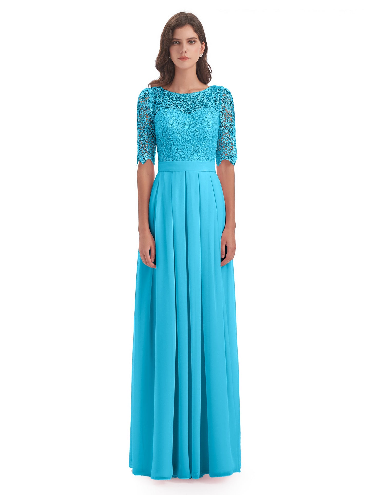 Brielle Illussion Neckline and Back Half Sleeves Scoop Lace Bridesmaid Dresses