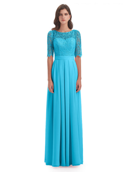 Brielle Illussion Neckline and Back Half Sleeves Scoop Lace Bridesmaid Dresses