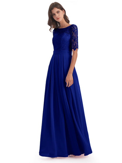 Brielle Illussion Neckline and Back Half Sleeves Scoop Lace Bridesmaid Dresses