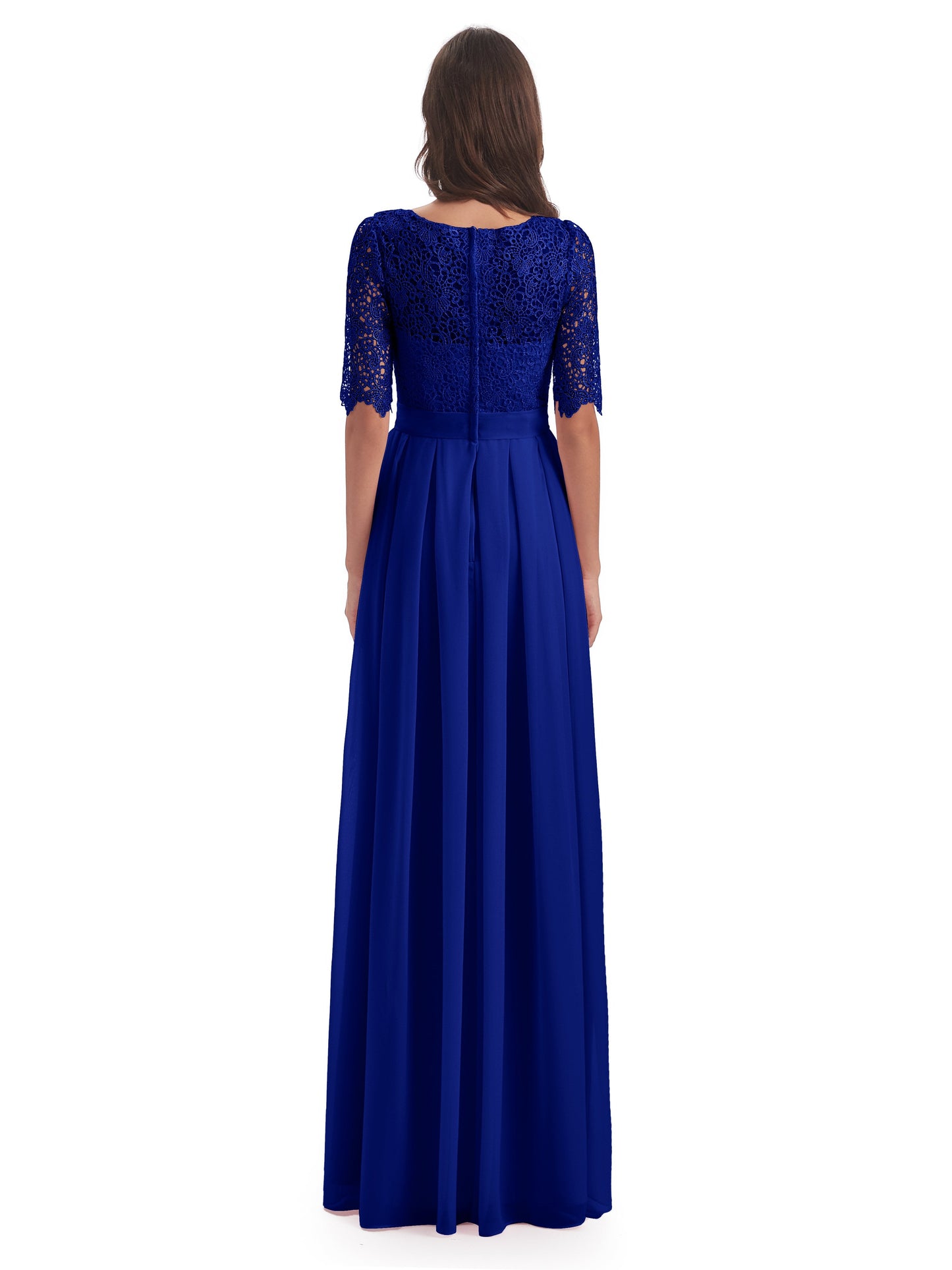 Brielle Illussion Neckline and Back Half Sleeves Scoop Lace Bridesmaid Dresses