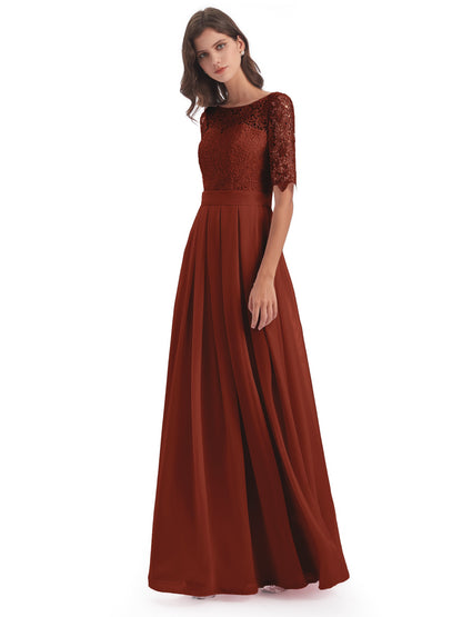 Brielle Illussion Neckline and Back Half Sleeves Scoop Lace Bridesmaid Dresses