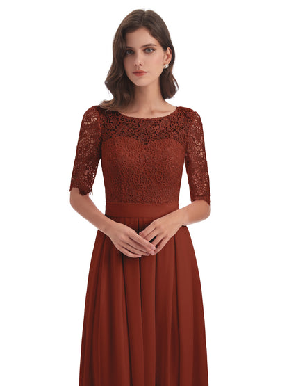 Brielle Illussion Neckline and Back Half Sleeves Scoop Lace Bridesmaid Dresses