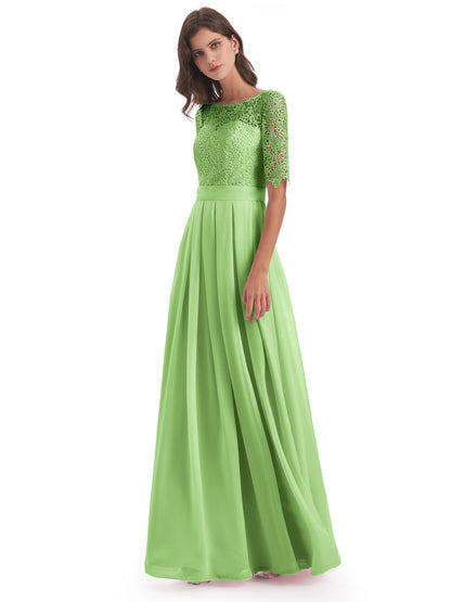 Brielle Illussion Neckline and Back Half Sleeves Scoop Lace Bridesmaid Dresses
