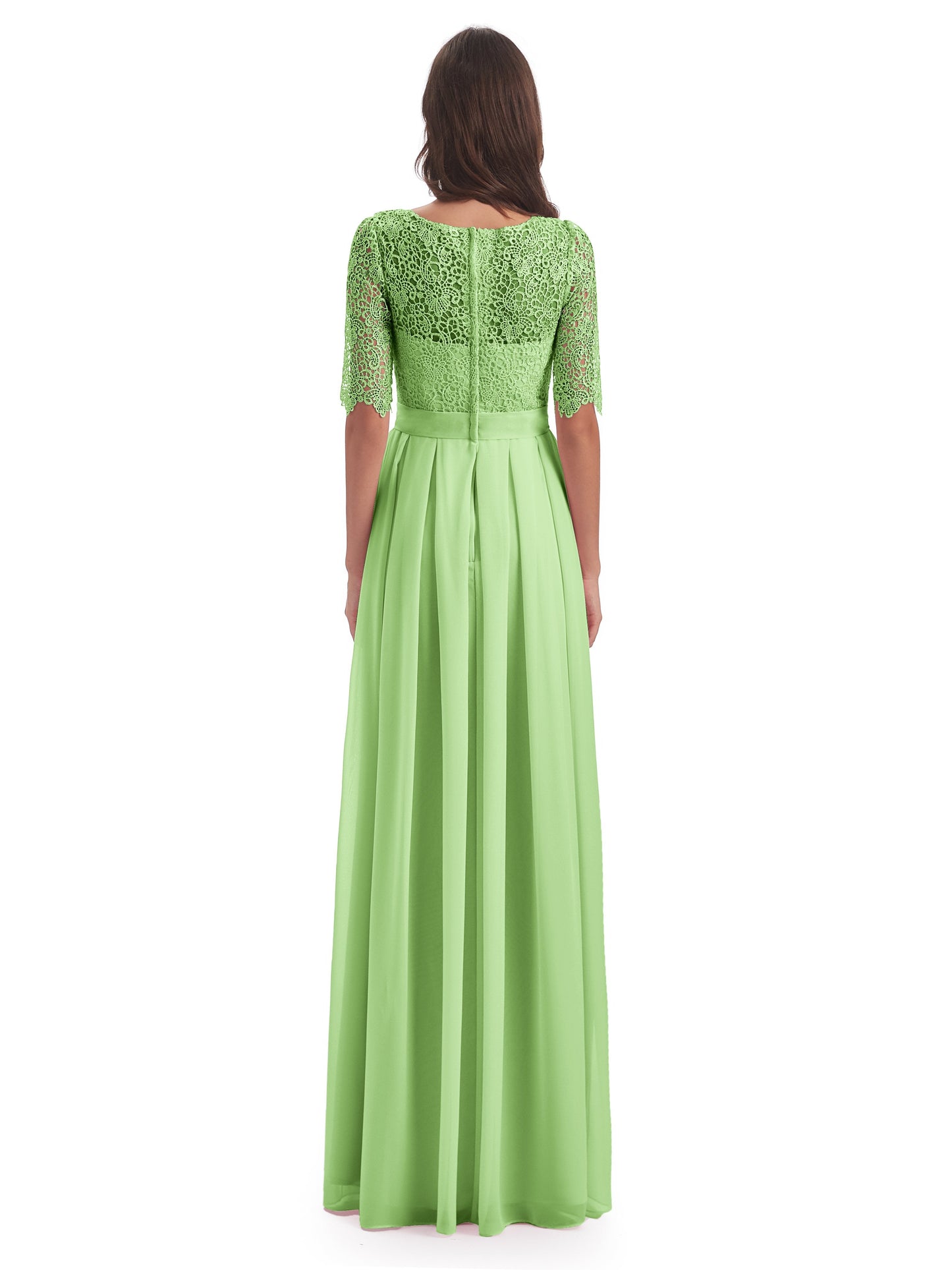 Brielle Illussion Neckline and Back Half Sleeves Scoop Lace Bridesmaid Dresses