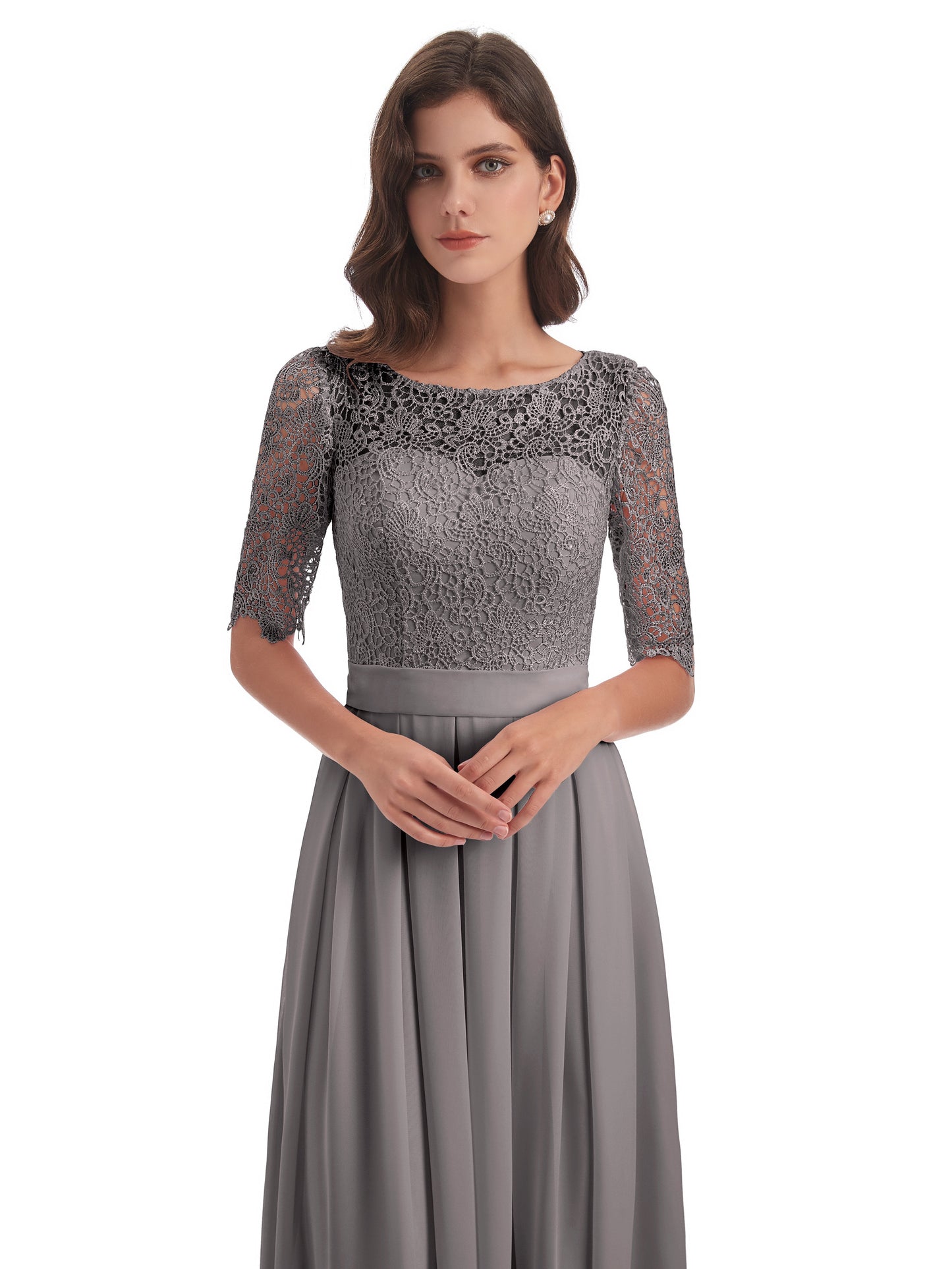 Brielle Illussion Neckline and Back Half Sleeves Scoop Lace Bridesmaid Dresses