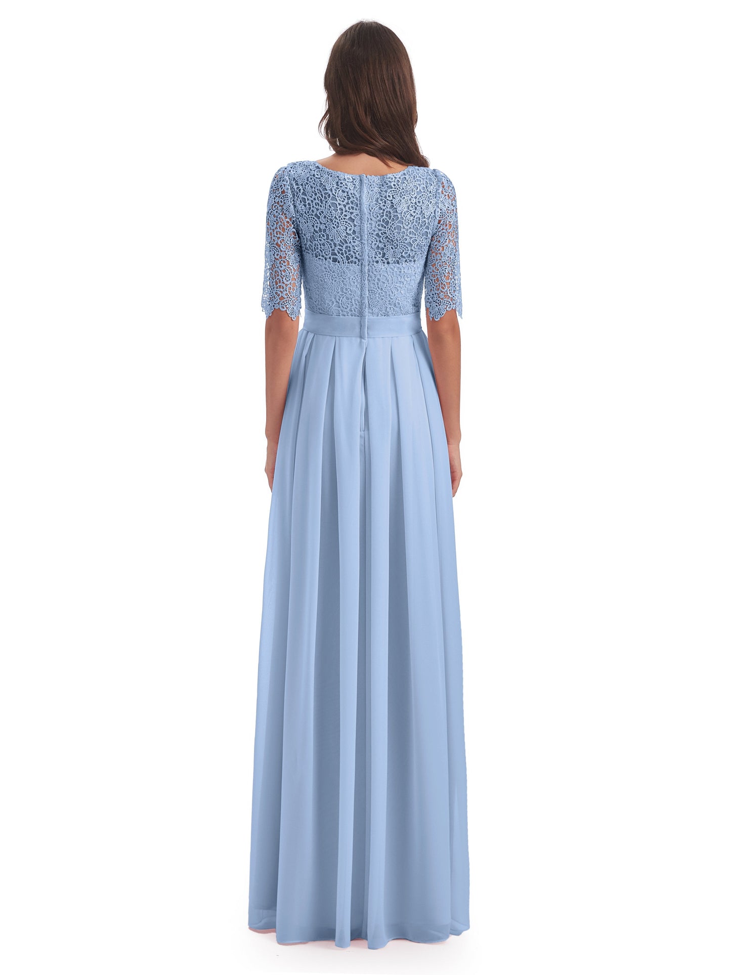 Brielle Illussion Neckline and Back Half Sleeves Scoop Lace Bridesmaid Dresses