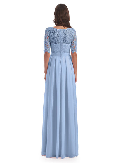 Brielle Illussion Neckline and Back Half Sleeves Scoop Lace Bridesmaid Dresses