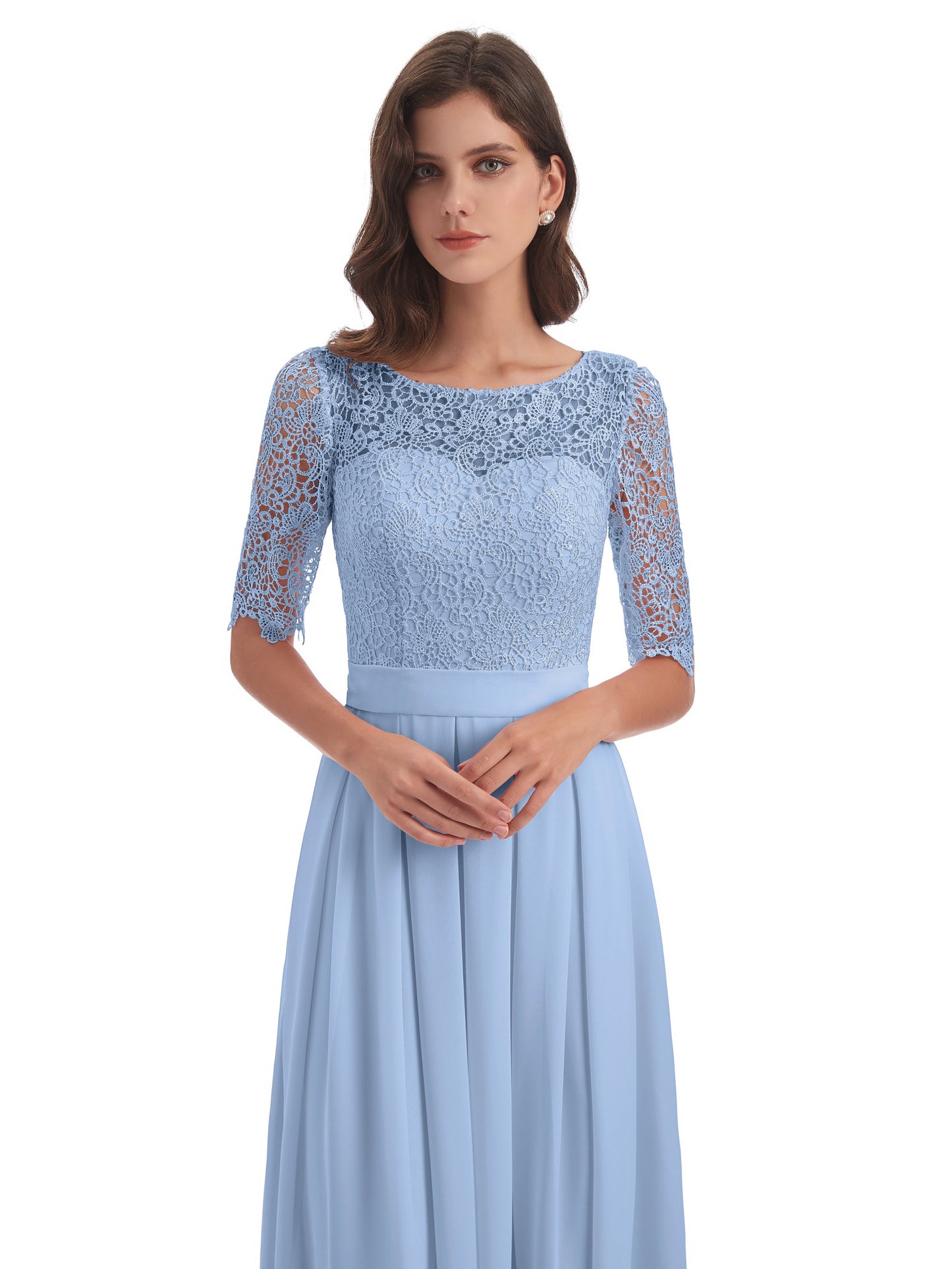 Brielle Illussion Neckline and Back Half Sleeves Scoop Lace Bridesmaid Dresses