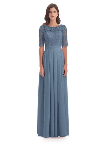 Brielle Illussion Neckline and Back Half Sleeves Scoop Lace Bridesmaid Dresses