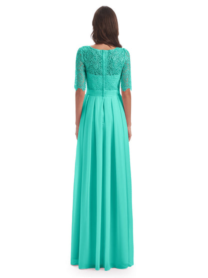 Brielle Illussion Neckline and Back Half Sleeves Scoop Lace Bridesmaid Dresses