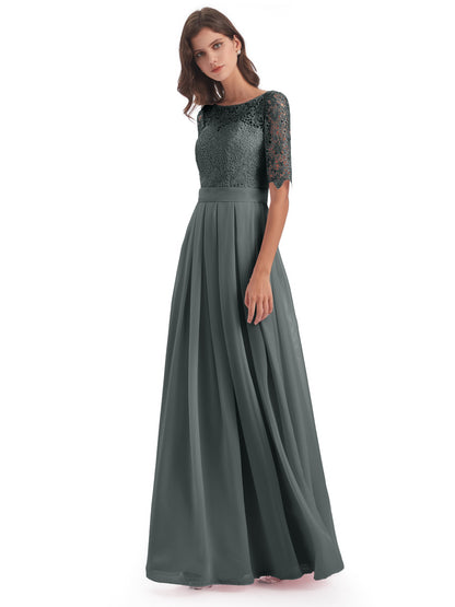 Brielle Illussion Neckline and Back Half Sleeves Scoop Lace Bridesmaid Dresses