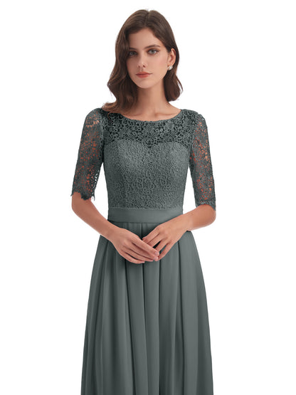 Brielle Illussion Neckline and Back Half Sleeves Scoop Lace Bridesmaid Dresses