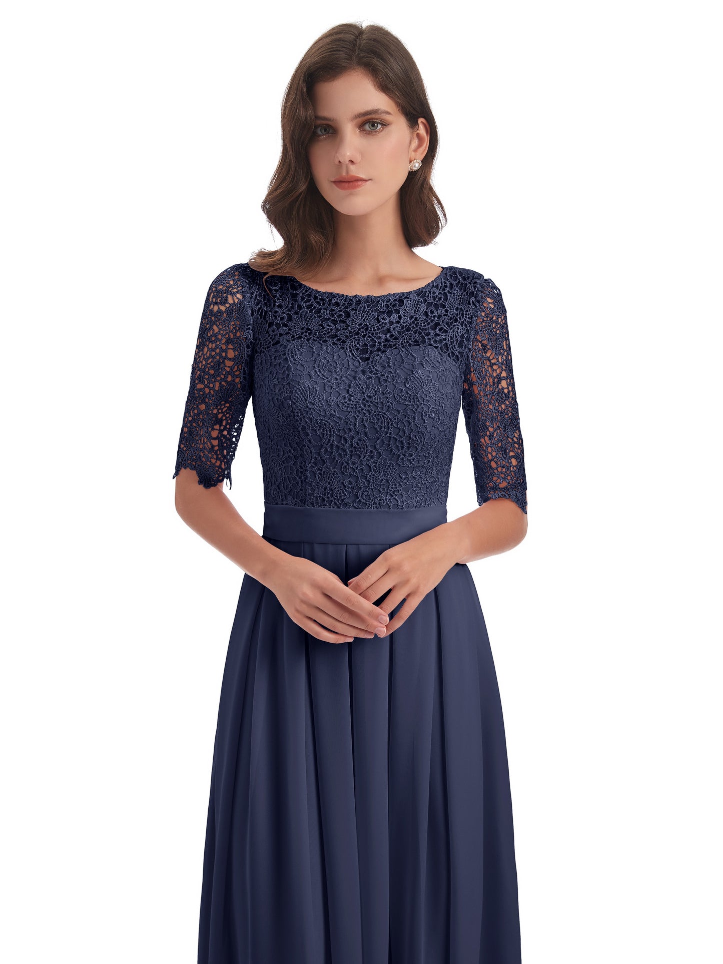 Brielle Illussion Neckline and Back Half Sleeves Scoop Lace Bridesmaid Dresses