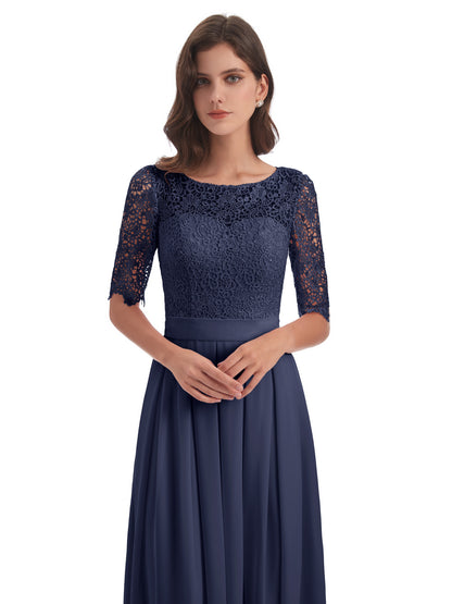 Brielle Illussion Neckline and Back Half Sleeves Scoop Lace Bridesmaid Dresses