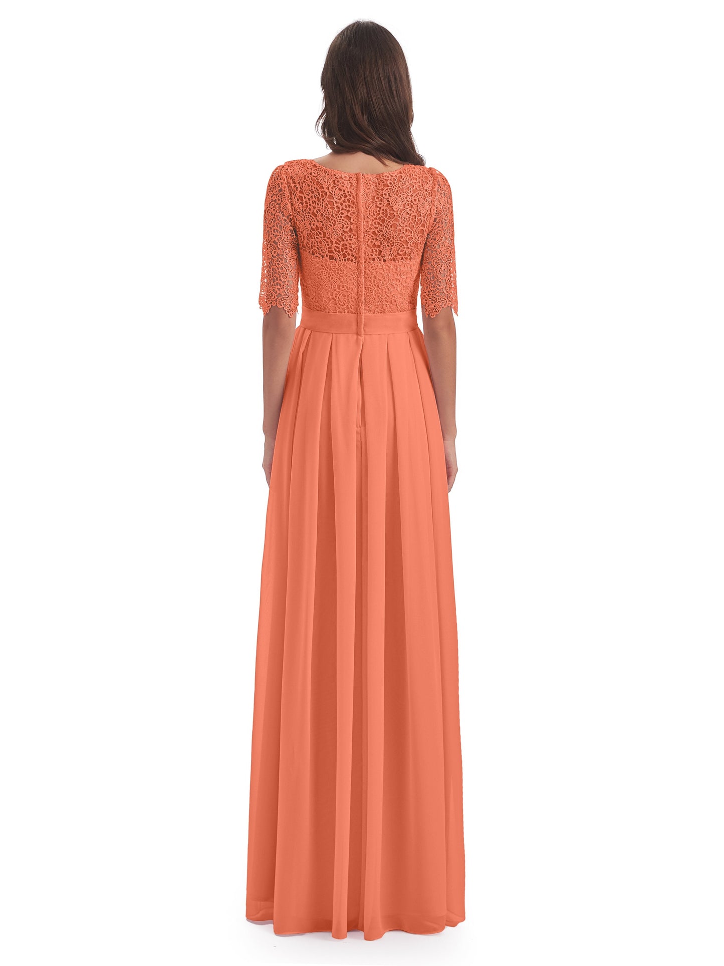 Brielle Illussion Neckline and Back Half Sleeves Scoop Lace Bridesmaid Dresses