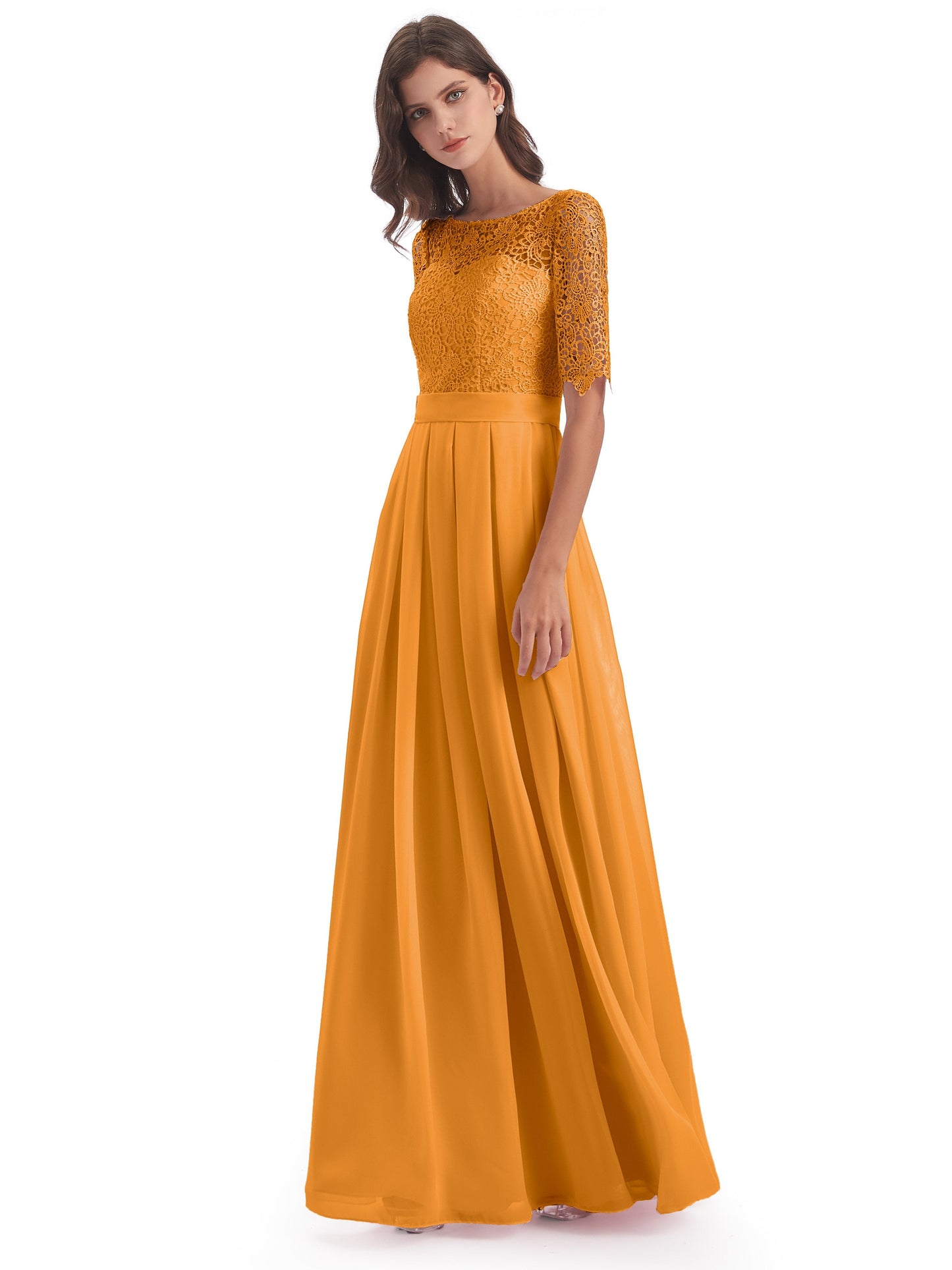 Brielle Illussion Neckline and Back Half Sleeves Scoop Lace Bridesmaid Dresses