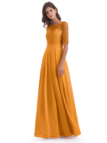 Brielle Illussion Neckline and Back Half Sleeves Scoop Lace Bridesmaid Dresses