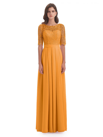 Brielle Illussion Neckline and Back Half Sleeves Scoop Lace Bridesmaid Dresses