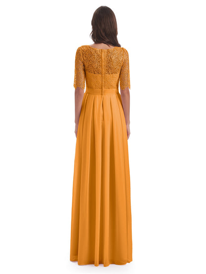 Brielle Illussion Neckline and Back Half Sleeves Scoop Lace Bridesmaid Dresses