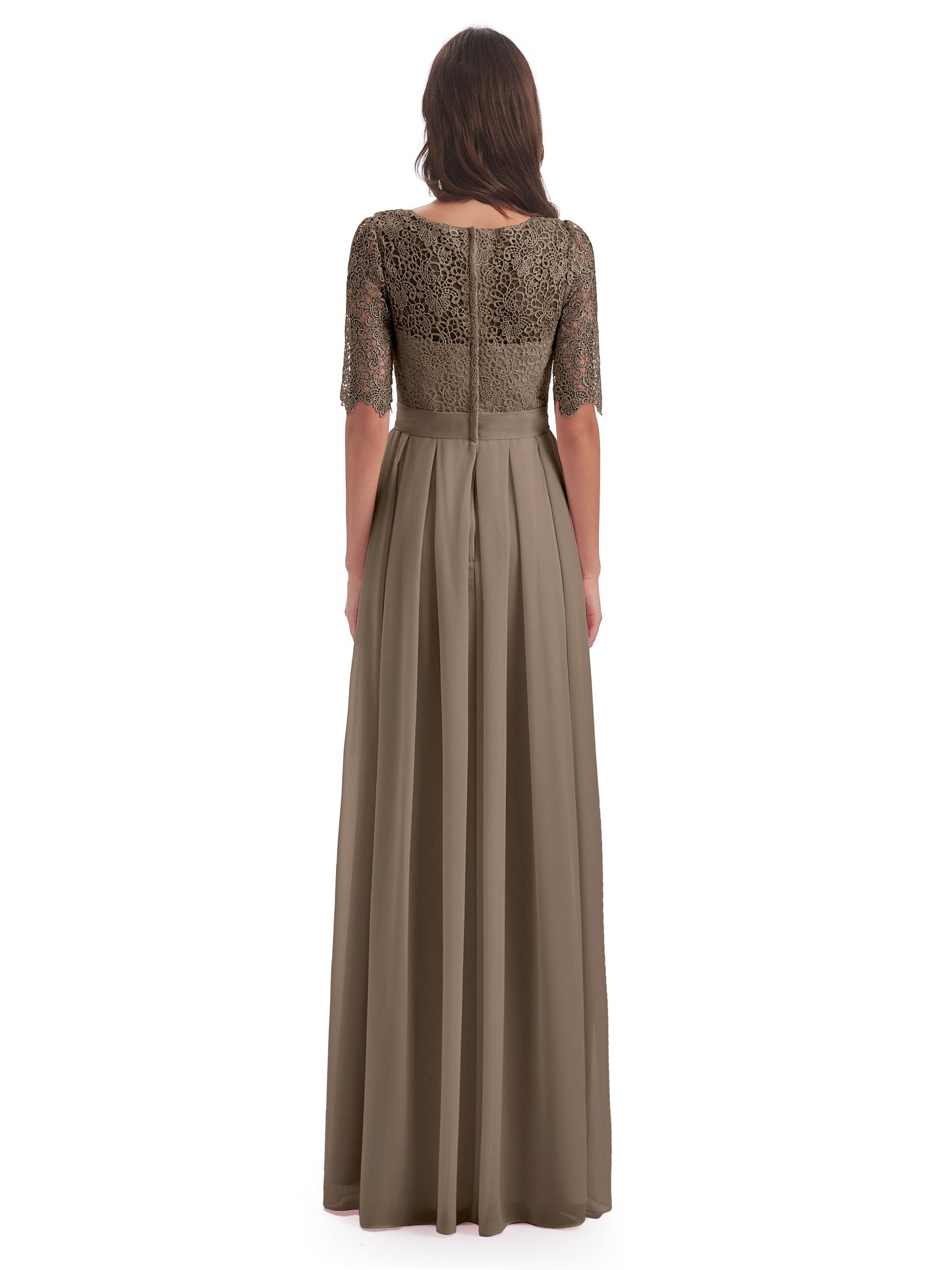 Brielle Illussion Neckline and Back Half Sleeves Scoop Lace Bridesmaid Dresses