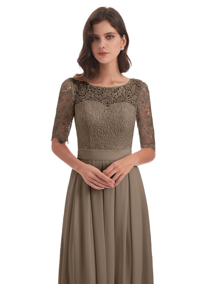 Brielle Illussion Neckline and Back Half Sleeves Scoop Lace Bridesmaid Dresses