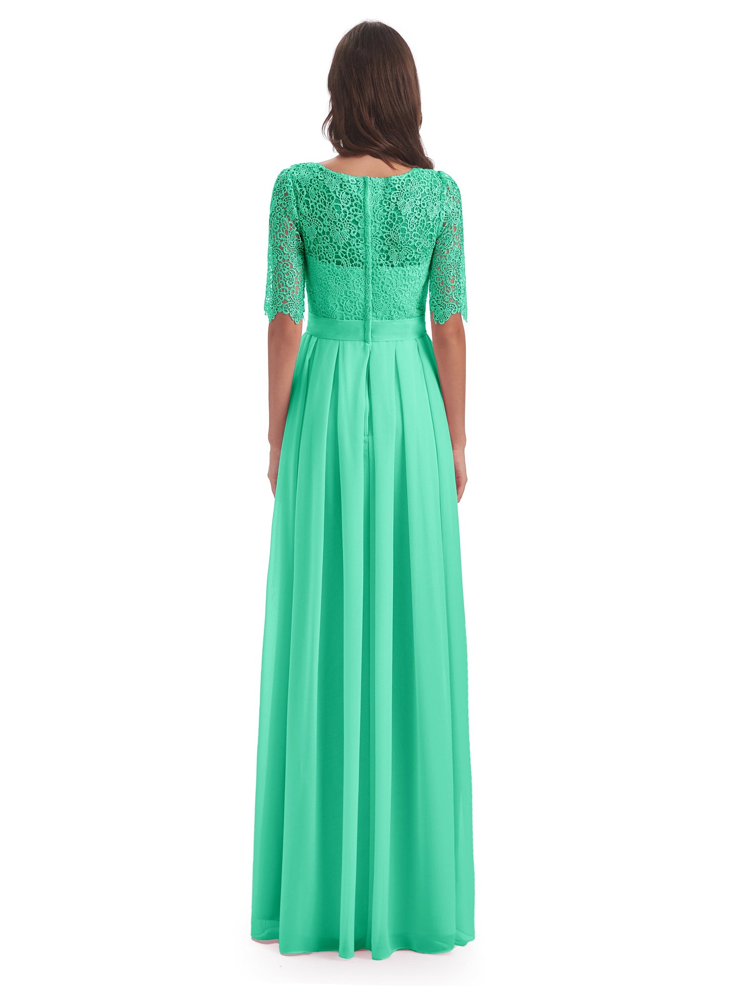 Brielle Illussion Neckline and Back Half Sleeves Scoop Lace Bridesmaid Dresses