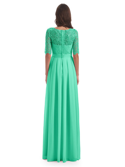 Brielle Illussion Neckline and Back Half Sleeves Scoop Lace Bridesmaid Dresses