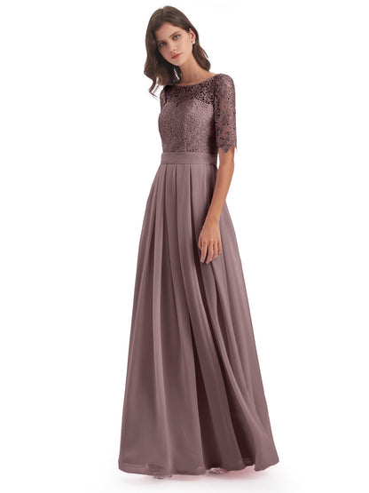 Brielle Illussion Neckline and Back Half Sleeves Scoop Lace Bridesmaid Dresses