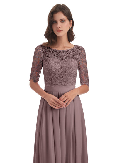 Brielle Illussion Neckline and Back Half Sleeves Scoop Lace Bridesmaid Dresses