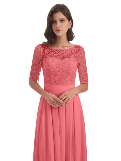 Brielle Illussion Neckline and Back Half Sleeves Scoop Lace Bridesmaid Dresses