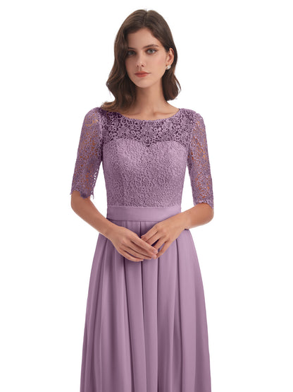 Brielle Illussion Neckline and Back Half Sleeves Scoop Lace Bridesmaid Dresses