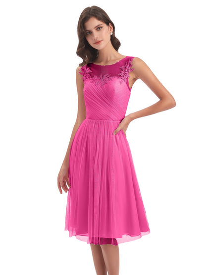 Brooklyn Knee Length Illusion Scoop Tulle Bridesmaid Dresses