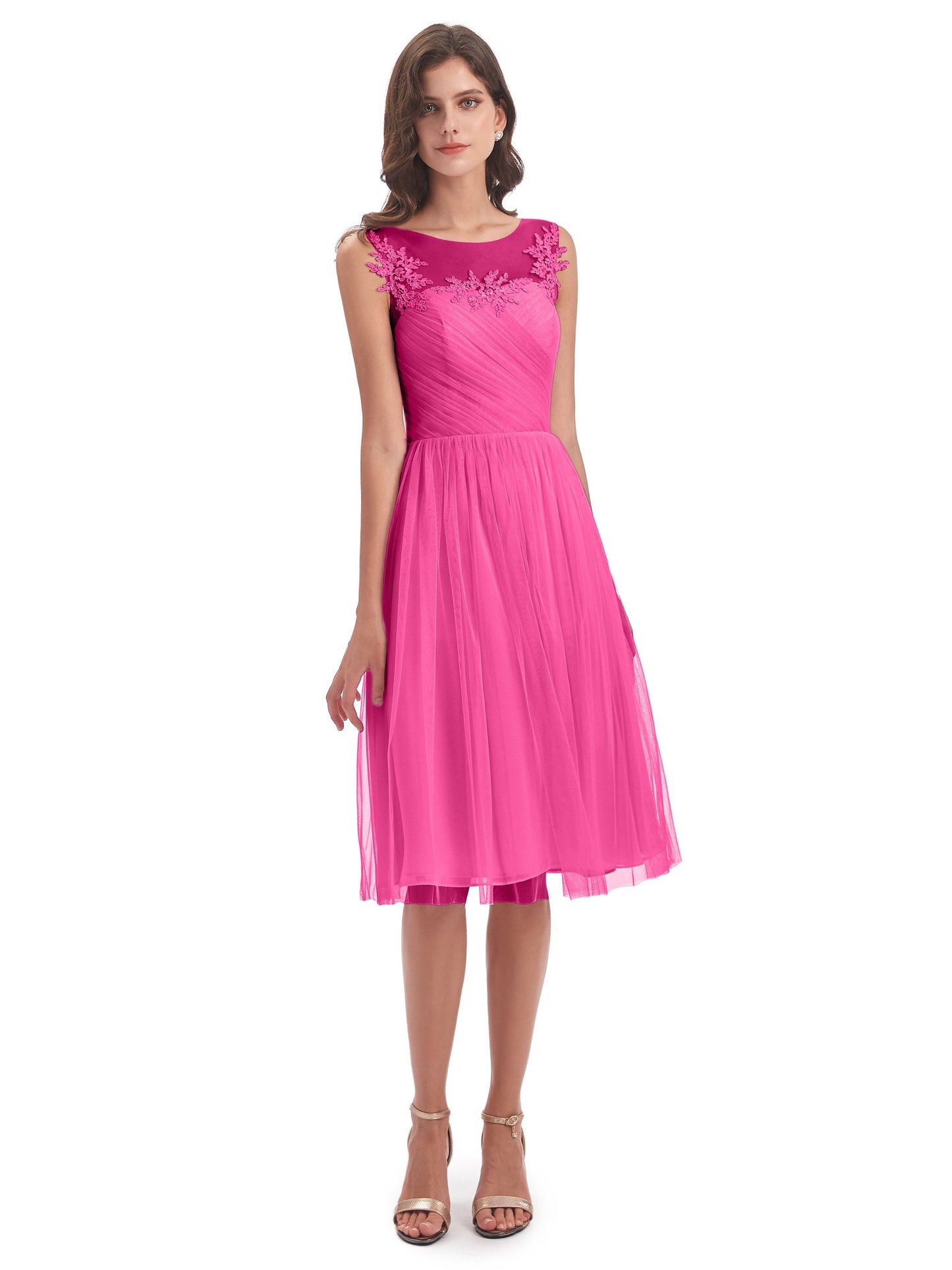Brooklyn Knee Length Illusion Scoop Tulle Bridesmaid Dresses