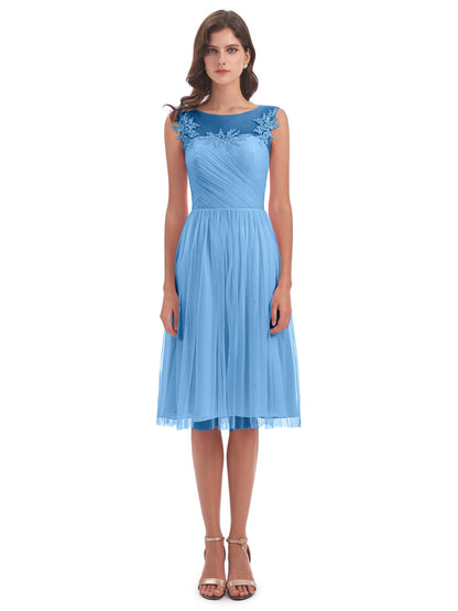 Brooklyn Knee Length Illusion Scoop Tulle Bridesmaid Dresses