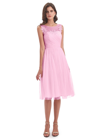Brooklyn Knee Length Illusion Scoop Tulle Bridesmaid Dresses