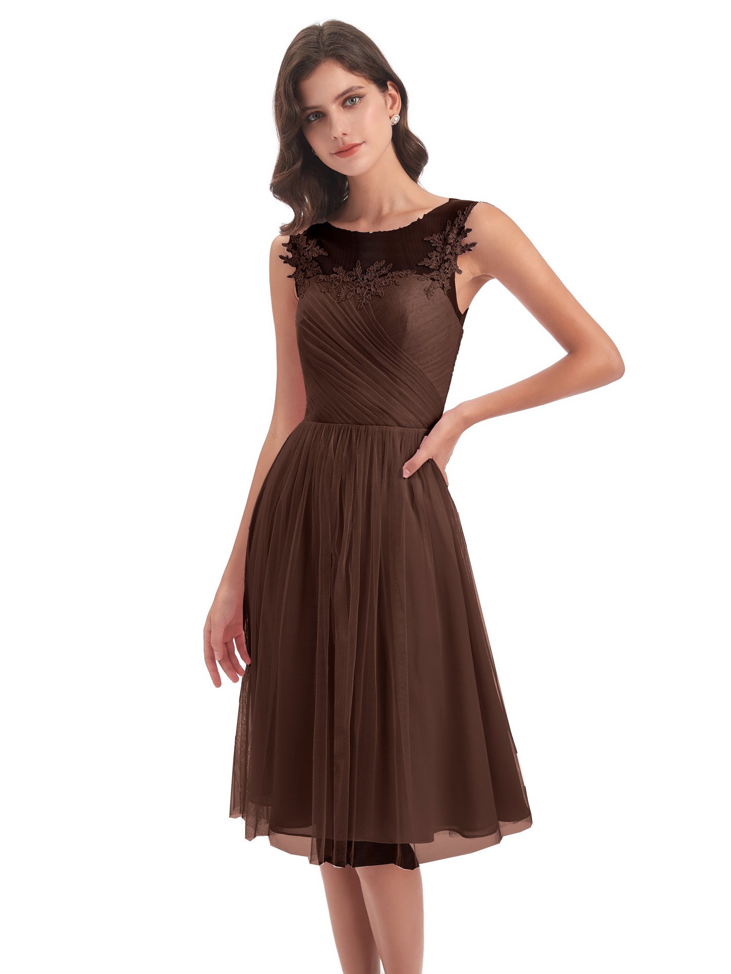 Brooklyn Knee Length Illusion Scoop Tulle Bridesmaid Dresses