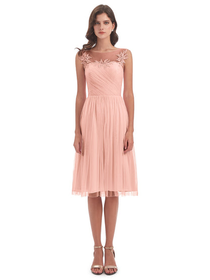 Brooklyn Knee Length Illusion Scoop Tulle Bridesmaid Dresses