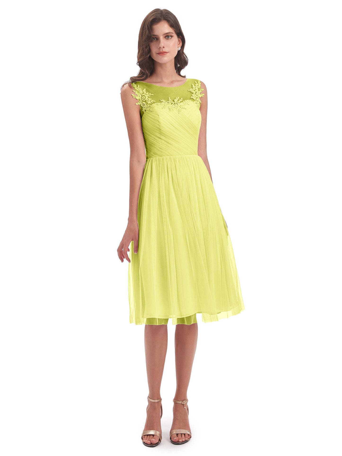 Brooklyn Knee Length Illusion Scoop Tulle Bridesmaid Dresses