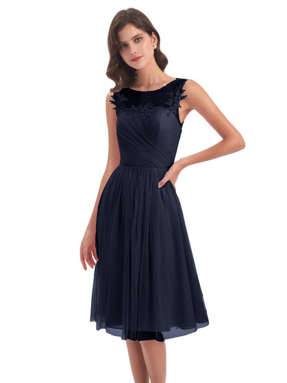 Brooklyn Knee Length Illusion Scoop Tulle Bridesmaid Dresses