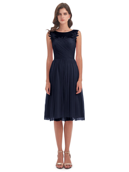 Brooklyn Knee Length Illusion Scoop Tulle Bridesmaid Dresses