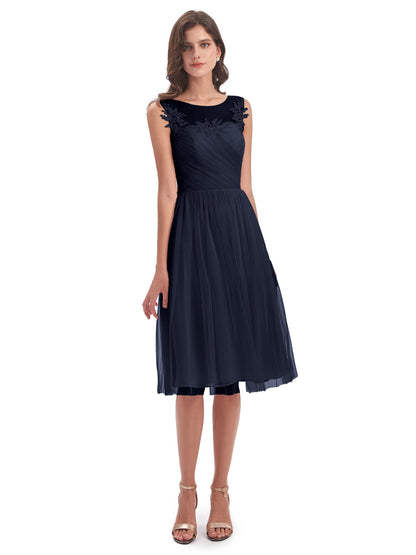 Brooklyn Knee Length Illusion Scoop Tulle Bridesmaid Dresses