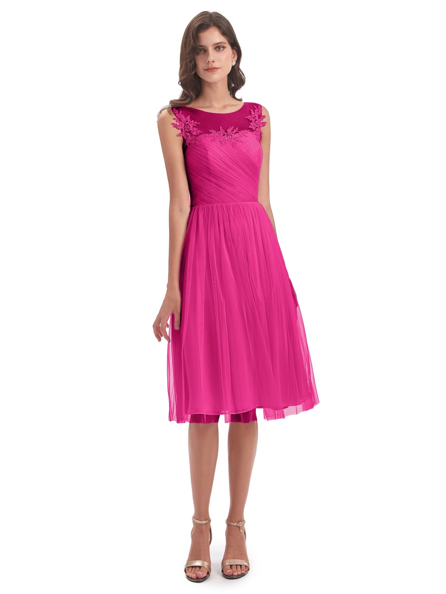 Brooklyn Knee Length Illusion Scoop Tulle Bridesmaid Dresses