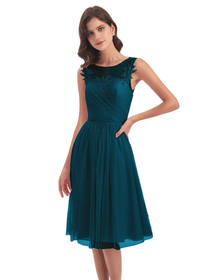 Brooklyn Knee Length Illusion Scoop Tulle Bridesmaid Dresses