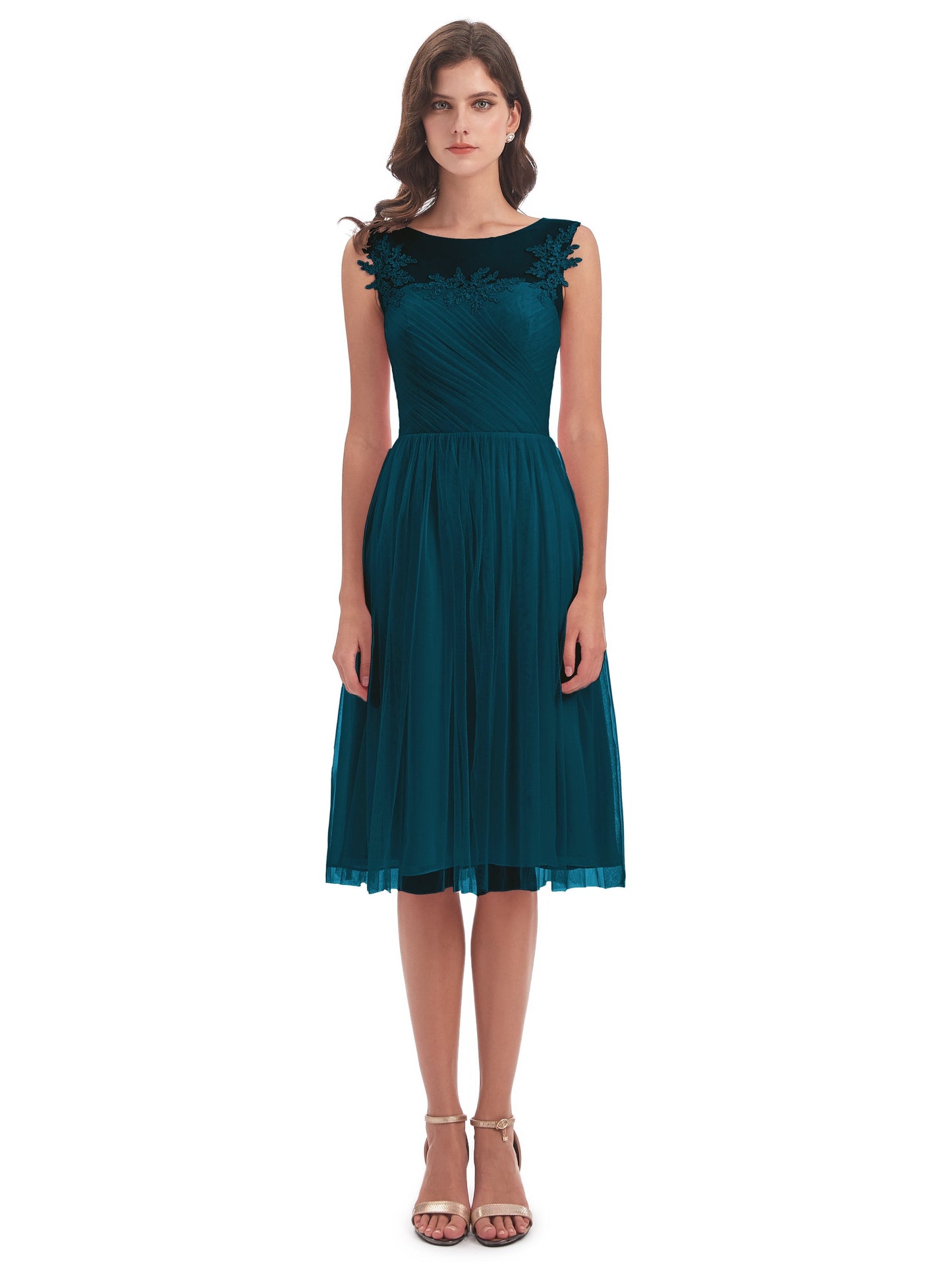 Brooklyn Knee Length Illusion Scoop Tulle Bridesmaid Dresses