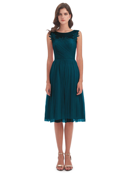 Brooklyn Knee Length Illusion Scoop Tulle Bridesmaid Dresses