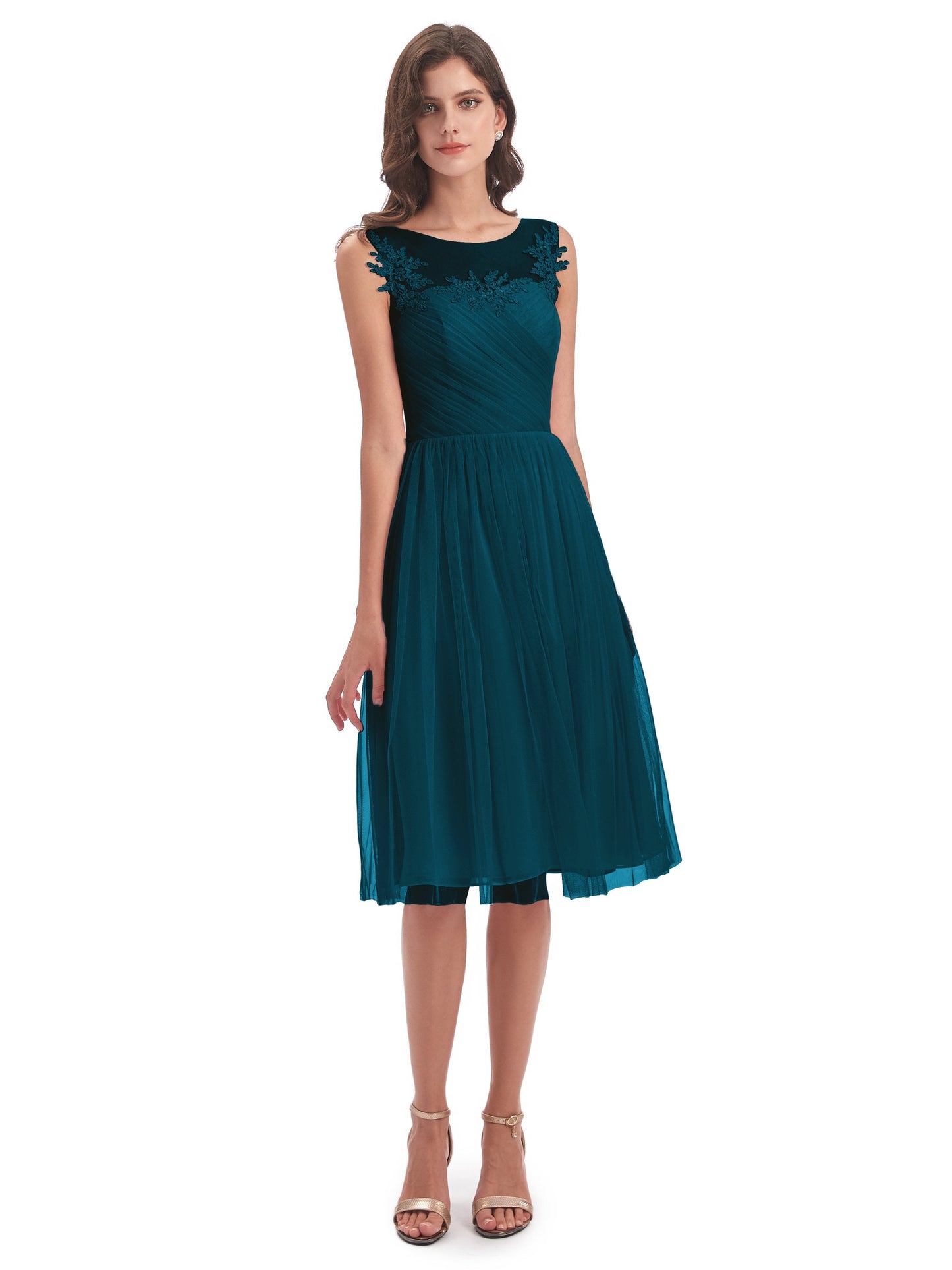 Brooklyn Knee Length Illusion Scoop Tulle Bridesmaid Dresses