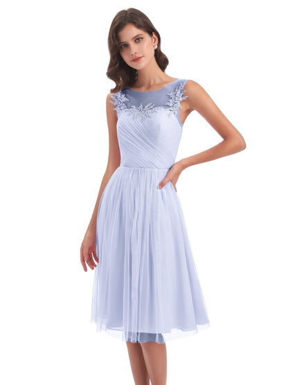 Brooklyn Knee Length Illusion Scoop Tulle Bridesmaid Dresses