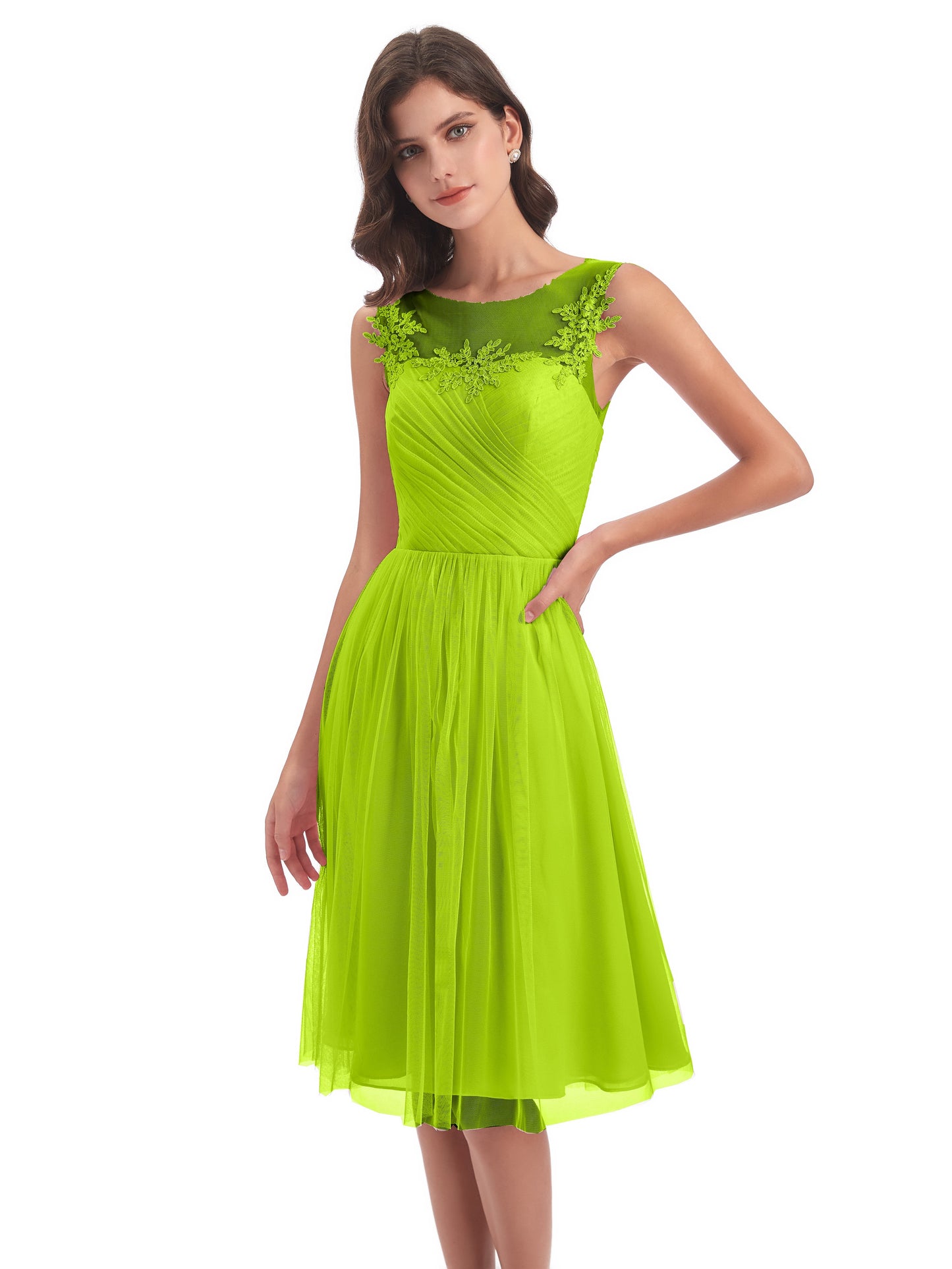 Brooklyn Knee Length Illusion Scoop Tulle Bridesmaid Dresses