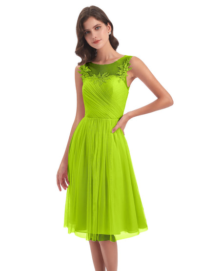 Brooklyn Knee Length Illusion Scoop Tulle Bridesmaid Dresses