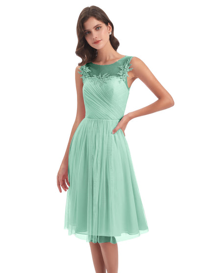 Brooklyn Knee Length Illusion Scoop Tulle Bridesmaid Dresses